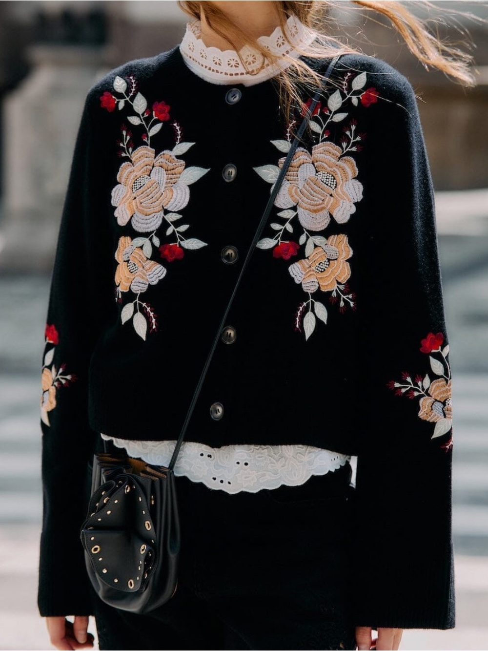 FARM Rio Black Floral Embroidered Button Cardigan Sweater